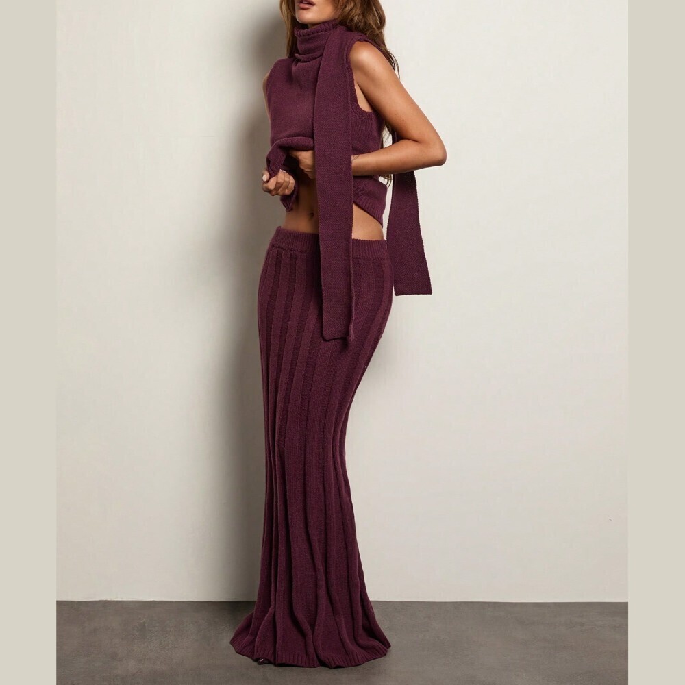 Burgundy Ribbed Knit Sleeveless Scarf-Tie Turtleneck Top and Maxi Skirt Set